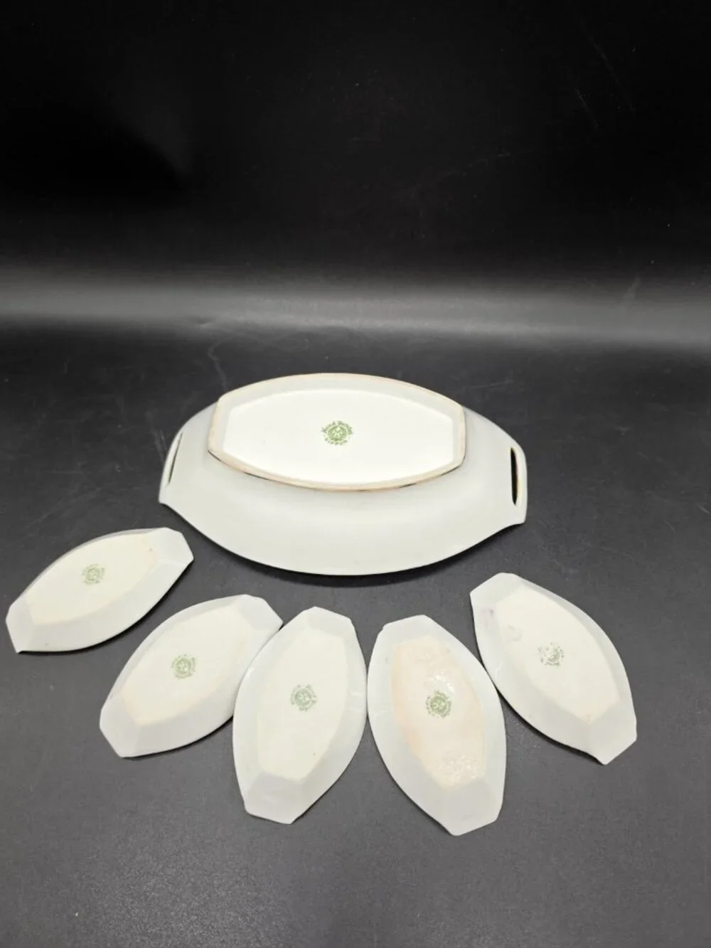 Antique Nippon Handpainted Celery Dish & 5 Matching Salts From Japan Victorian